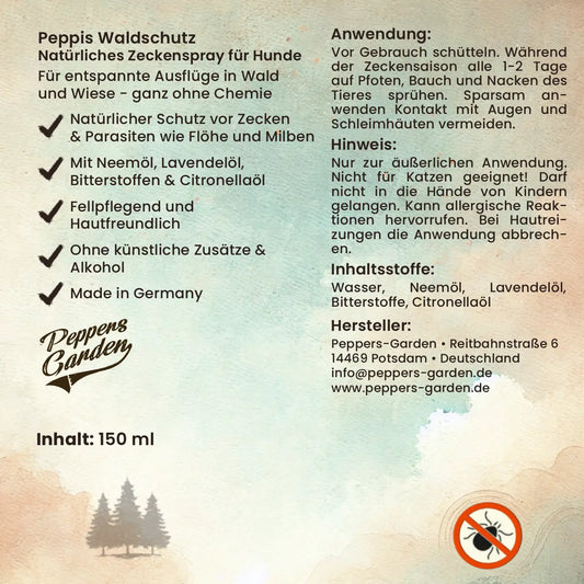 Peppis Waldschutz – Natürlicher Zeckenschutz Spray für Hunde - 150 ml